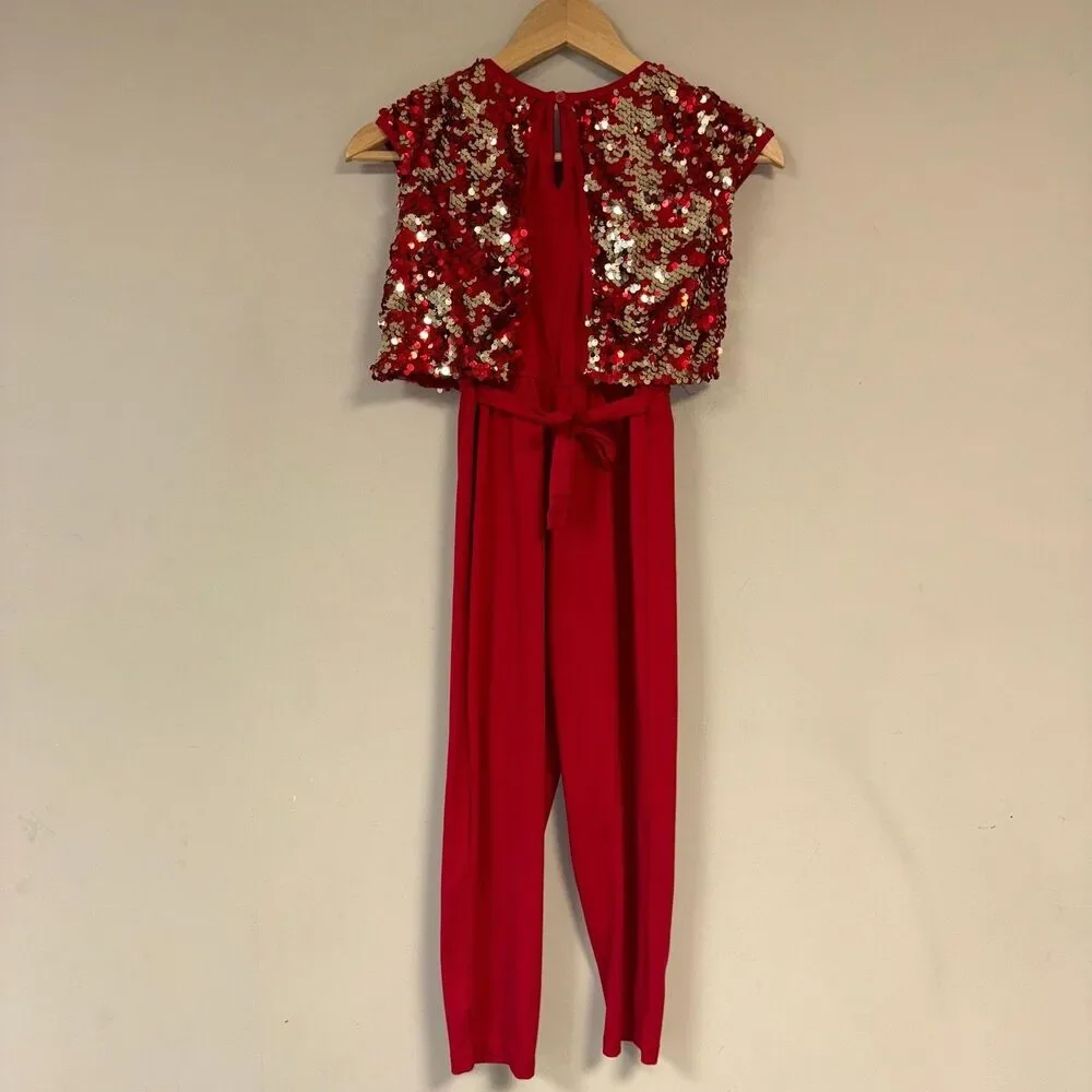 Red Sequin Jumpsuit Girls 7-8 Medium Costume Holiday Party Formal Gold Dress Up
